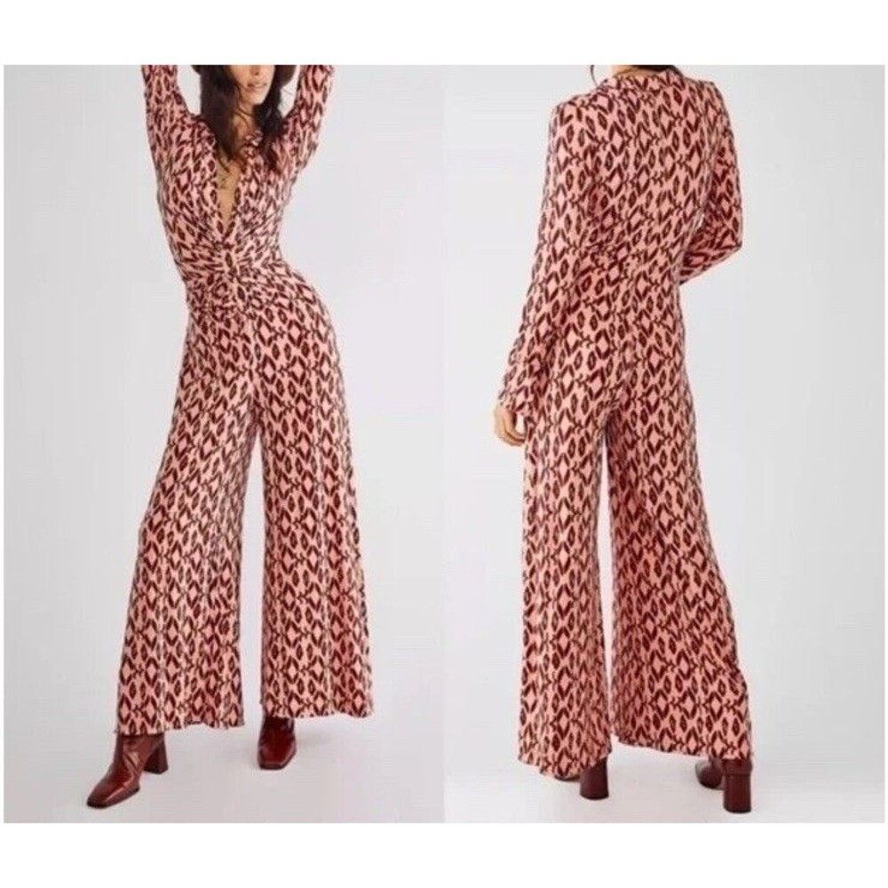 FREE PEOPLE Shayla Ruched Button Front Wide Leg Pink Burgundy XS Jumpsuit NWOT